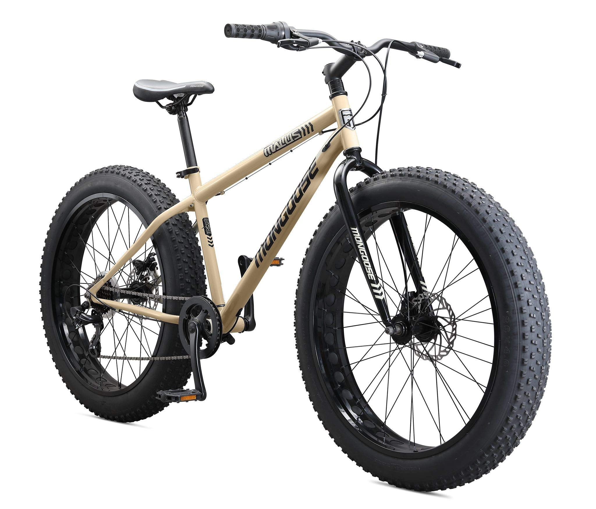 Mongoose Malus Mens and Women Fat Tire Mountain Bike, 26-Inch Bicycle Wheels, 4-Inch Wide Knobby Tires, Steel Frame, 7 Speed Drivetrain, Shimano Rear Derailleur, Disc Brakes