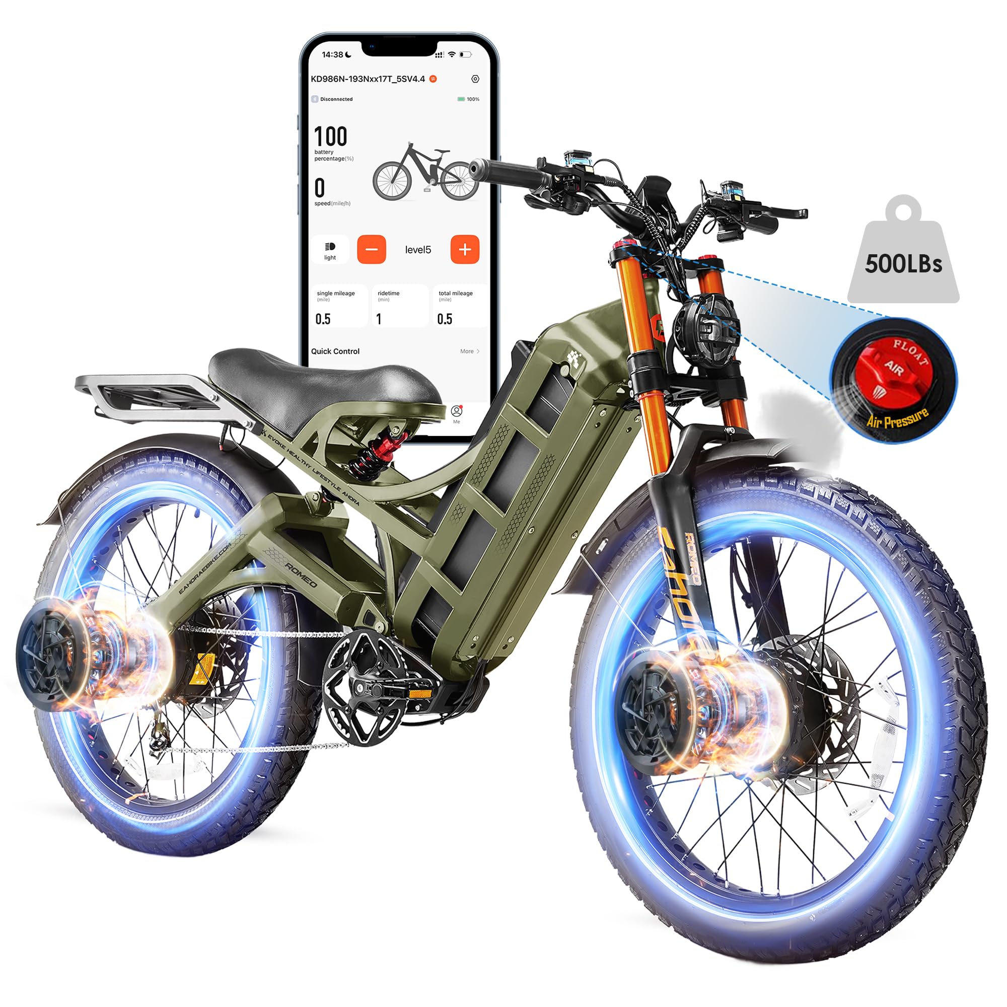 2026 eAhora Romeo Dual-Motor Ebike - 50Mph 5600W 60-80AH 250Miles Long Range Electric Bike for Adults, Full Suspension Hydraulic Brakes Electric Bicycle, 26" Mountain Bike for Off-Road Commuting