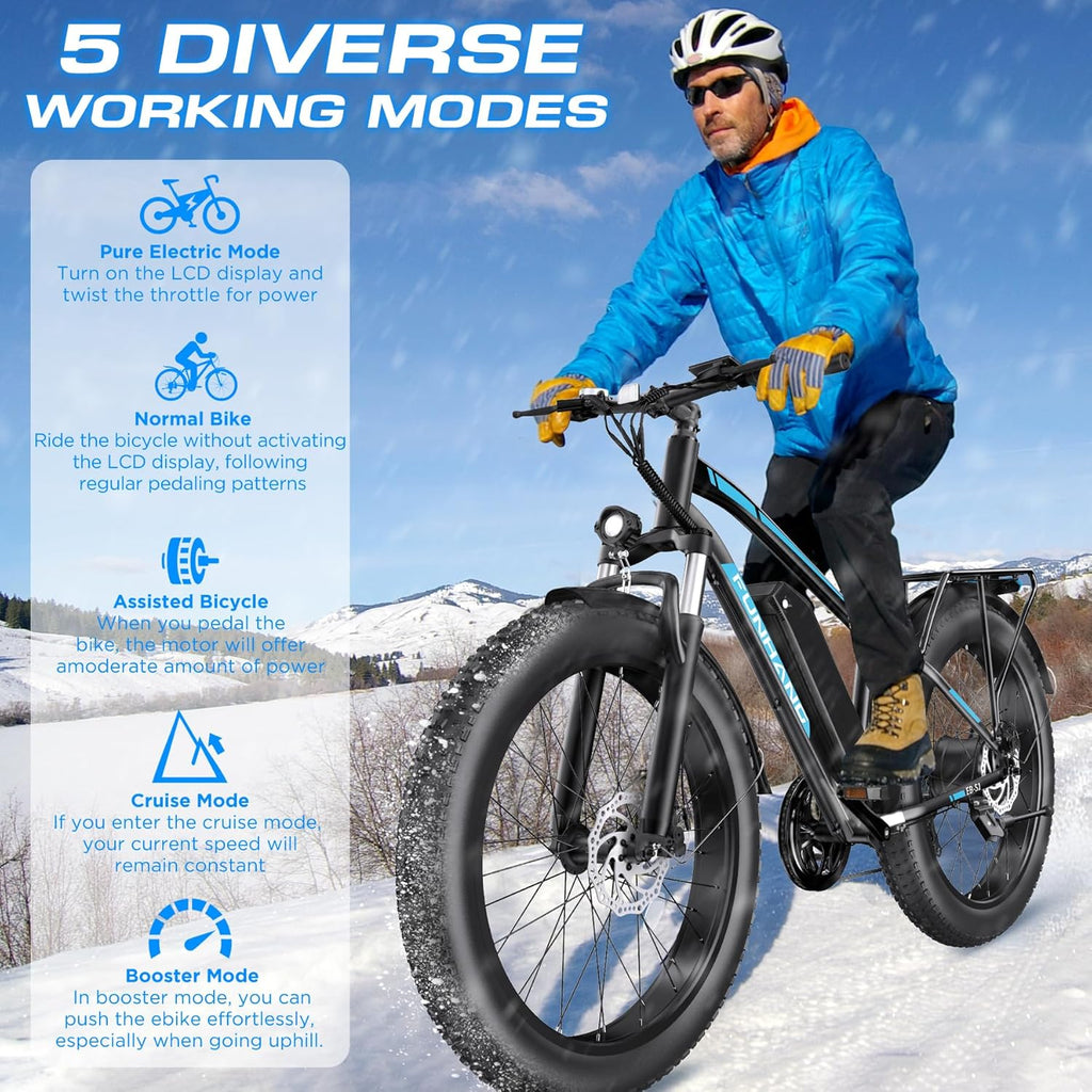 Funhang Electric Bike for Adults, 1000W Peak Ebike, 20MPH 60Miles Electric Mountain Bike, 26" Fat Tire Electric Bicycle with 48V 13AH Battery, Front Suspension,7 Speed, Rear Rack, UL 2849 Certified