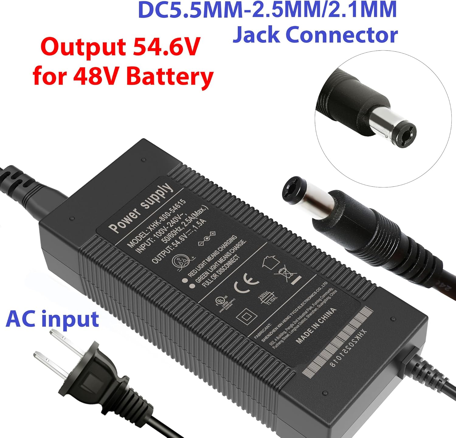 EVAPLUS 54.6V Smart Charger for 48V Lithium Batteries - UL Certified, Fast Charging with Multi-Safety Protection, Compatible with Electric Bikes/Scooters, DC 5.5 * 2.5/2.1mm Connector
