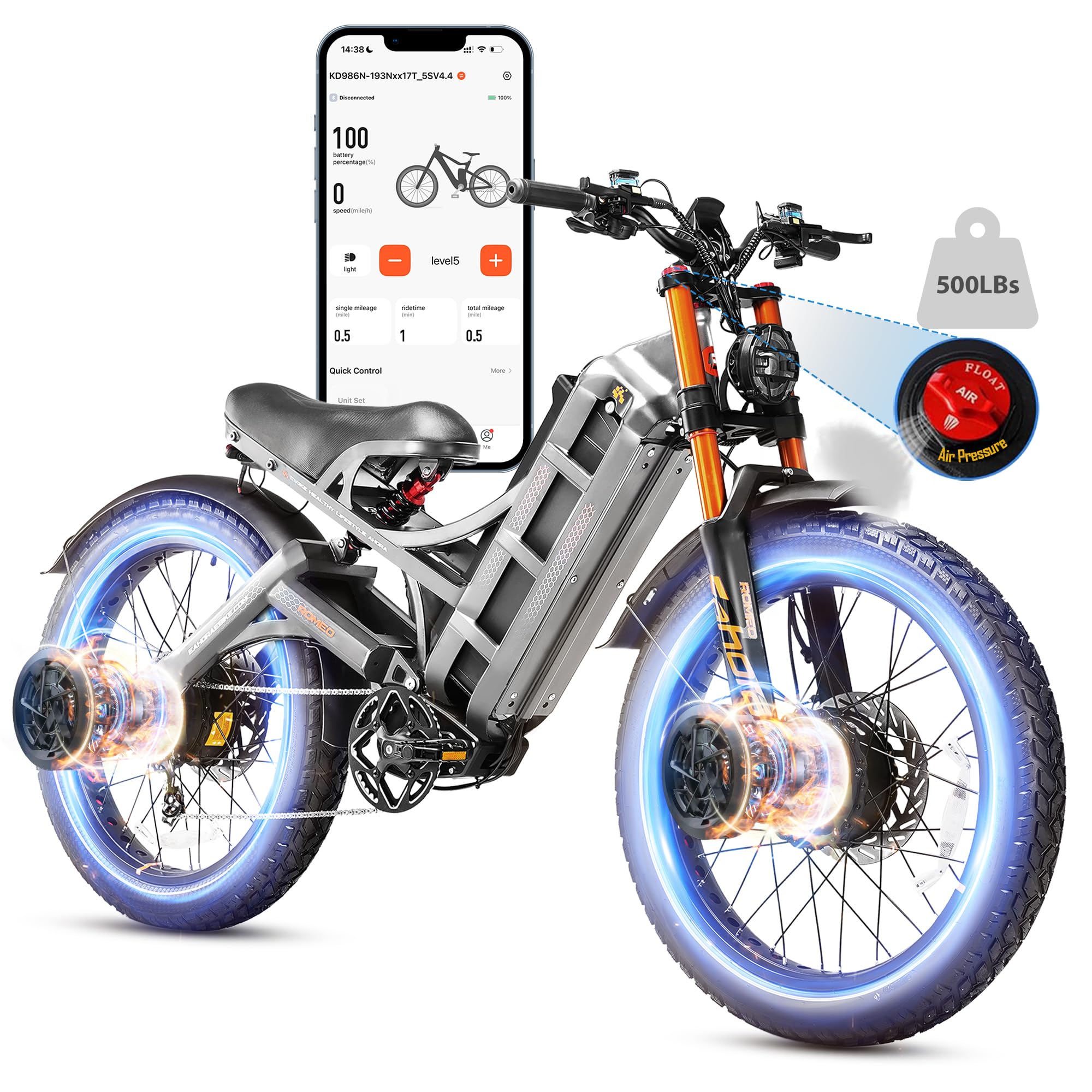 2026 eAhora Romeo Dual-Motor Ebike - 50Mph 5600W 60-80AH 250Miles Long Range Electric Bike for Adults, Full Suspension Hydraulic Brakes Electric Bicycle, 26" Mountain Bike for Off-Road Commuting