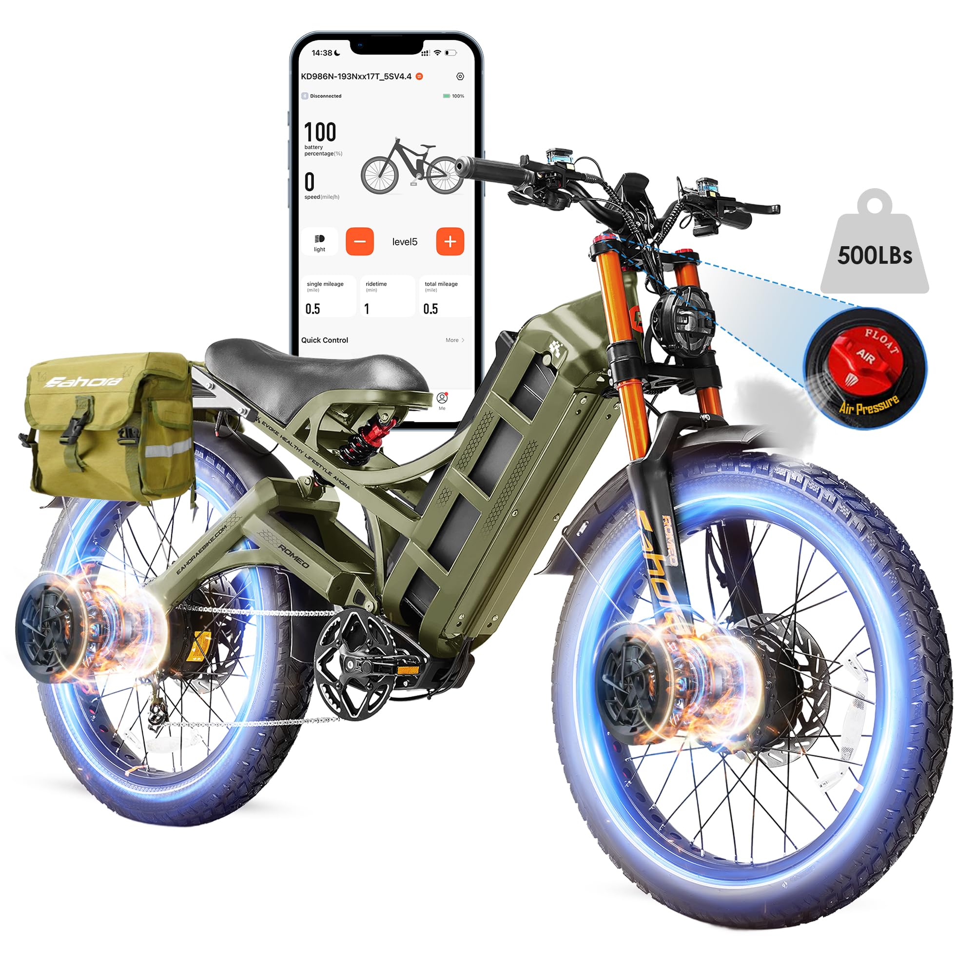 2026 eAhora Romeo Dual-Motor Ebike - 50Mph 5600W 60-80AH 250Miles Long Range Electric Bike for Adults, Full Suspension Hydraulic Brakes Electric Bicycle, 26" Mountain Bike for Off-Road Commuting