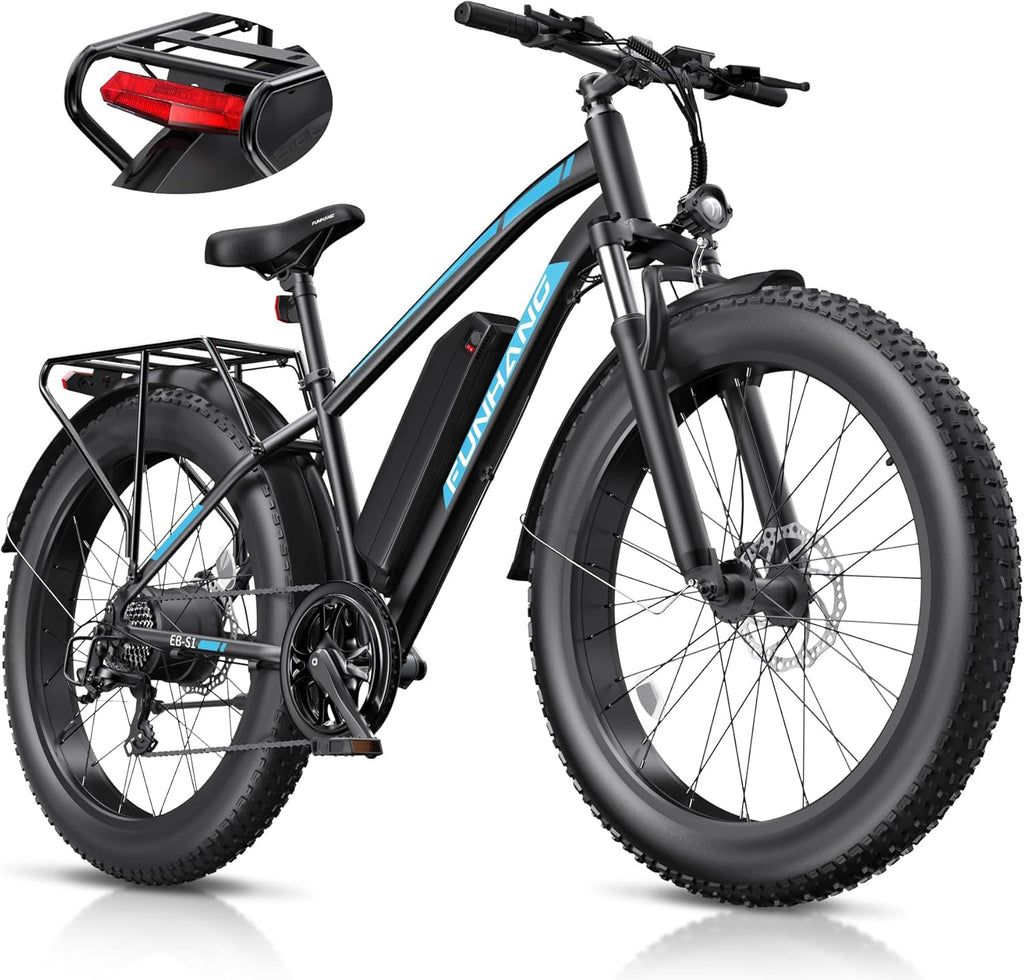 Funhang Electric Bike for Adults, 1000W Peak Ebike, 20MPH 60Miles Electric Mountain Bike, 26" Fat Tire Electric Bicycle with 48V 13AH Battery, Front Suspension,7 Speed, Rear Rack, UL 2849 Certified