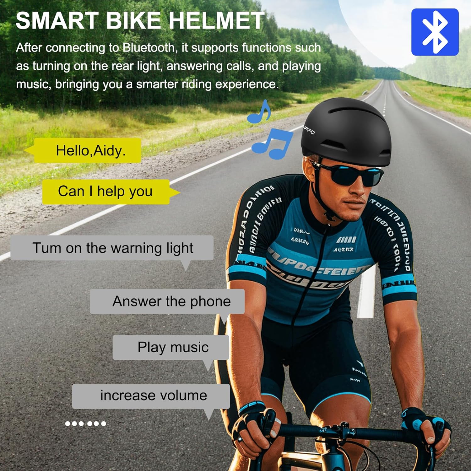 AIDY-PRO Smart Bike Helmet with Bluetooth for Men Women, Bluetooth Bike Helmet Built-in Speakers, Microphone and Rear LED Lights, Road Bicycle E-Bikes Commuter Helmets