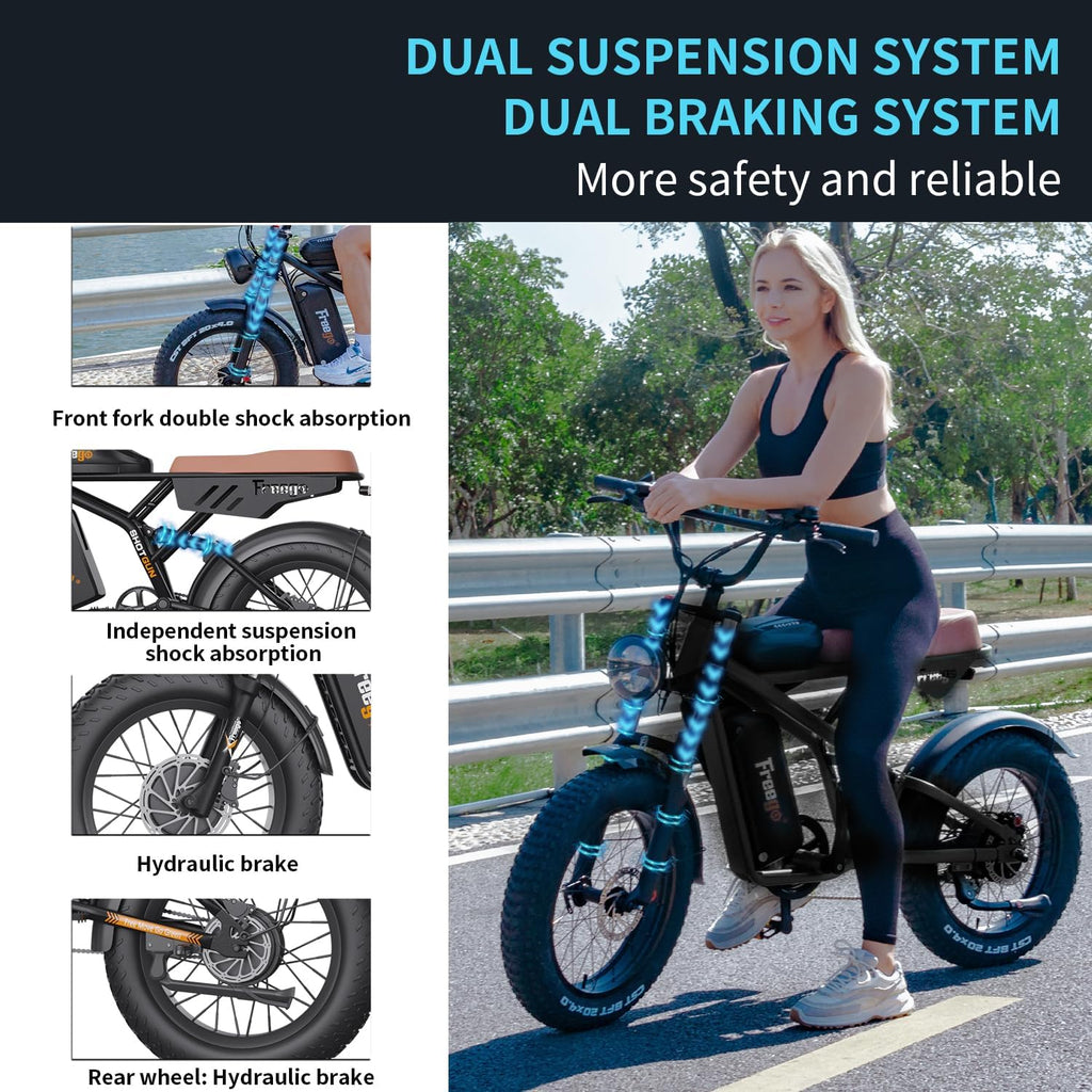Freego Electric Motorcycle Bike for Adults, Dual Motor & Battery, 2000W/48V/40Ah, 20x4 Fat Tires Off Road Electric Dirt Bike Bicycle, Max 35MPH & 110 Mile Dual Supension 4 Piston Hydraulic Brake