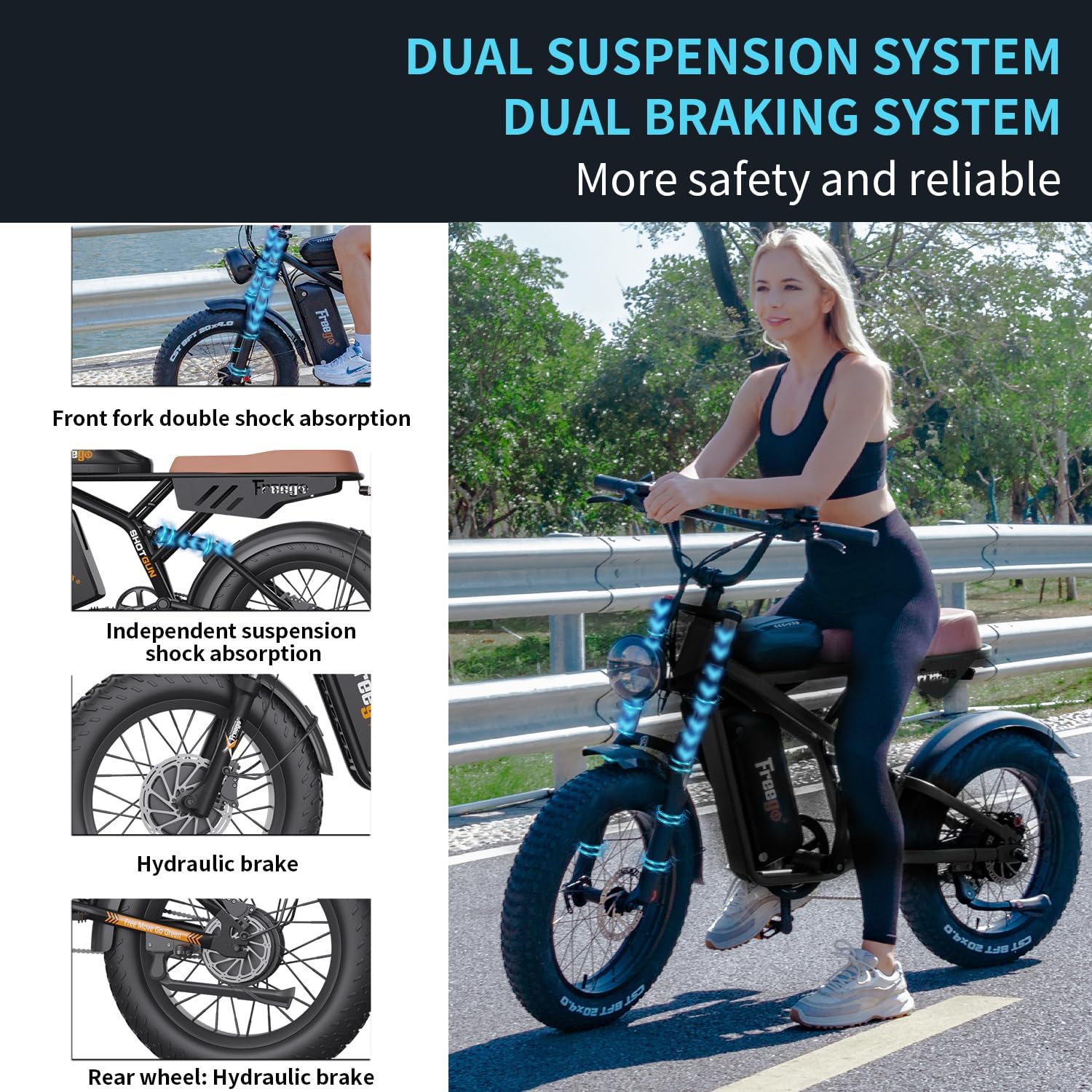 Freego Electric Motorcycle Bike for Adults, Dual Motor & Battery, 2000W/48V/40Ah, 20x4 Fat Tires Off Road Electric Dirt Bike Bicycle, Max 35MPH & 110 Mile Dual Supension 4 Piston Hydraulic Brake