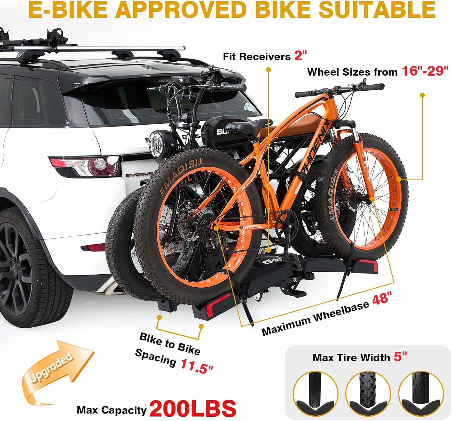 Ebike Rack with Ramp for 2 E-Bikes 200 lbs Capacity Fits 5" Fat Tire, Hitch Bike Rack for Cars SUVs Trucks with 2" Receiver, Foldable Tilting Locking No Assembly Needed E-Bike Platform Carrier