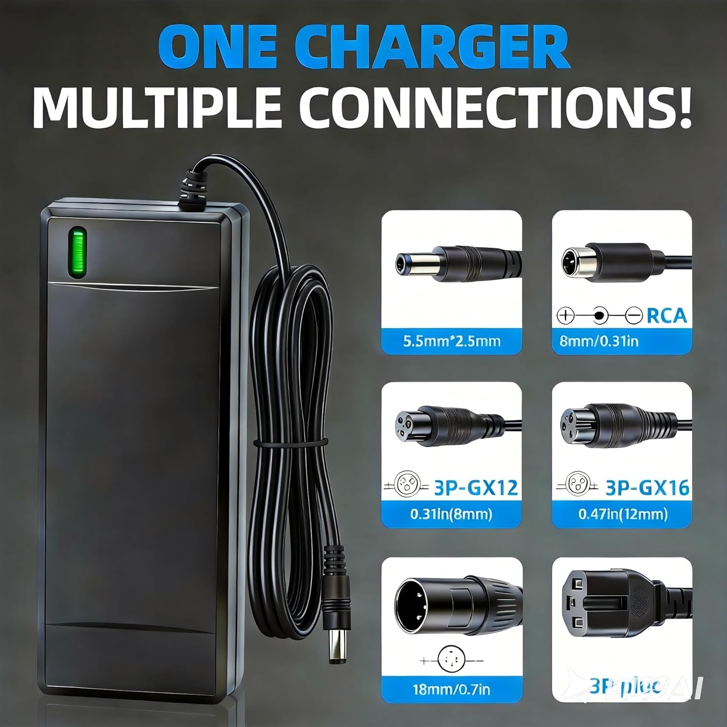 54.6V 2A Ebike Battery Charger, SGS Certified 48V Lithium Charger with 6 Multi-Plugs Universal Replacement for Rad Power Bike, Lectric XP 2.0/3.0, Ecotric City/Beach, Evercross H5/H7, Electric Bicycle
