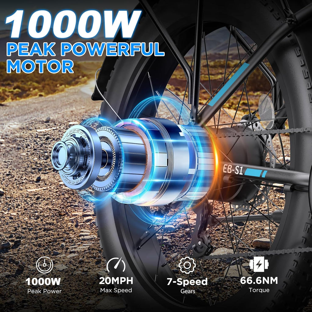 Funhang Electric Bike for Adults, 1000W Peak Ebike, 20MPH 60Miles Electric Mountain Bike, 26" Fat Tire Electric Bicycle with 48V 13AH Battery, Front Suspension,7 Speed, Rear Rack, UL 2849 Certified