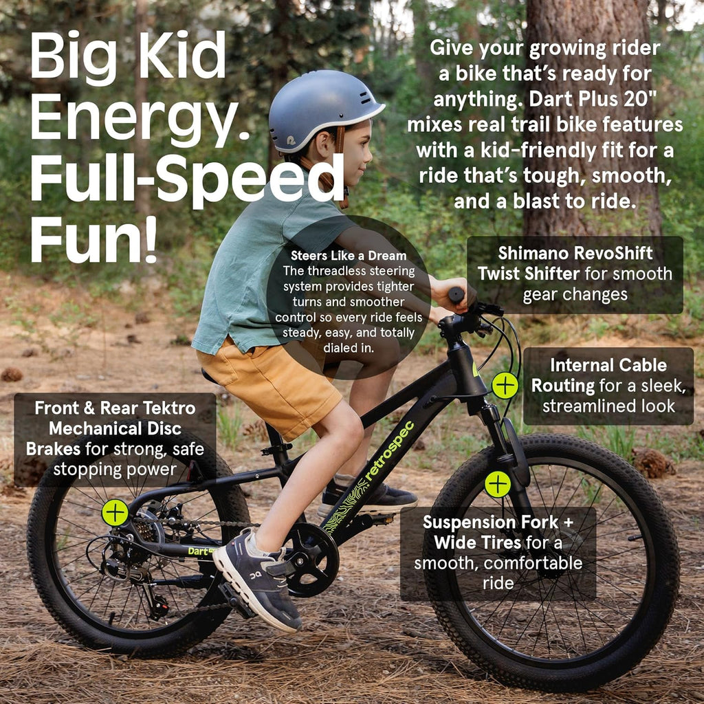 Retrospec Dart Plus 20-Inch Kids Bike - 7-Speed Bike with Disc Brakes & Suspension Fork for Ages 6-8 Years, Lightweight Aluminum Frame