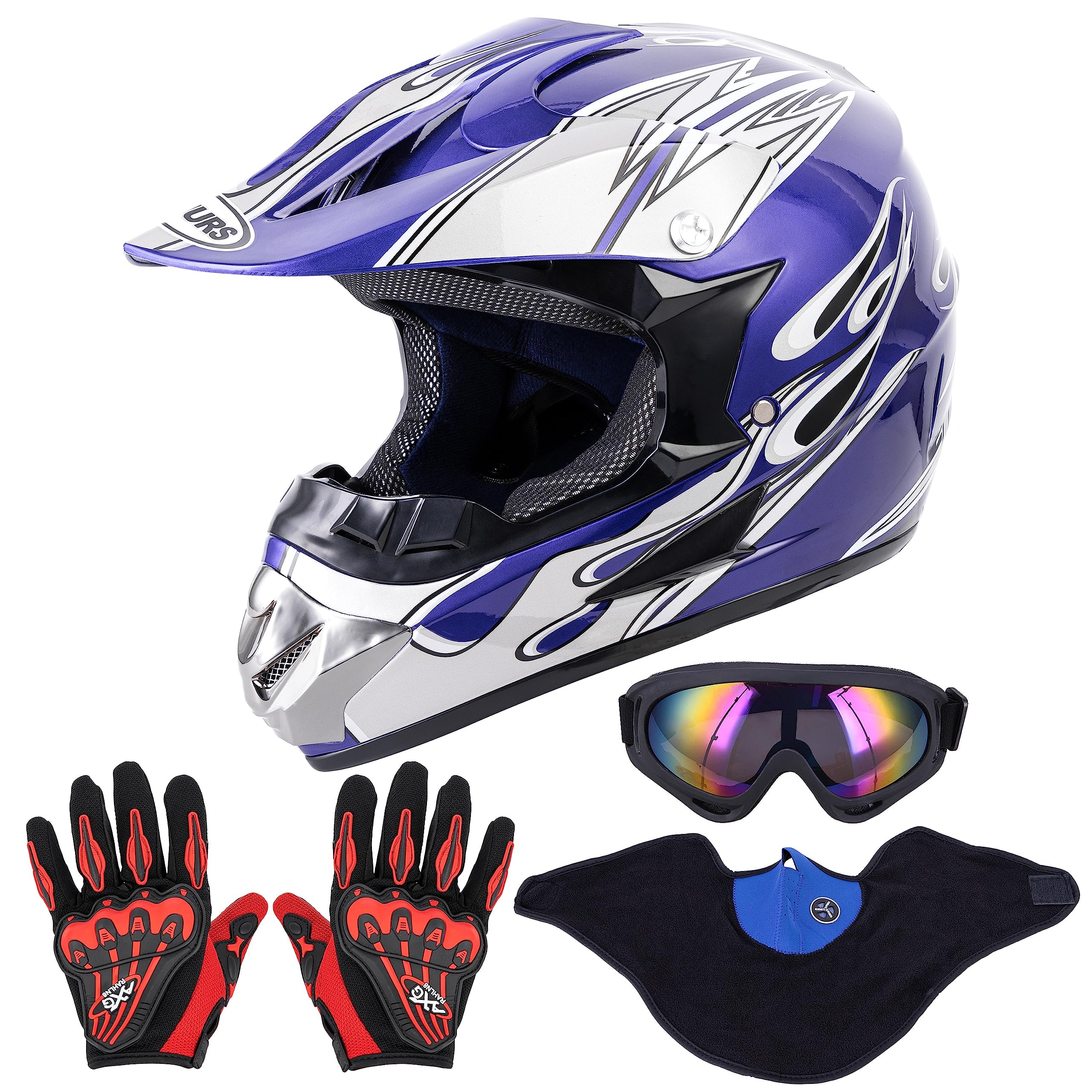 OUMURS Adult Motocross Dirt Bike Helmet with Goggles, Gloves & Mask Dirt Bike ATV Helmet for Unisex-Adult Men Women Adjustable Sun Visor DOT/FMVSS-218 Off-Road Motorcycle Helmet UTV Helmet Downhill
