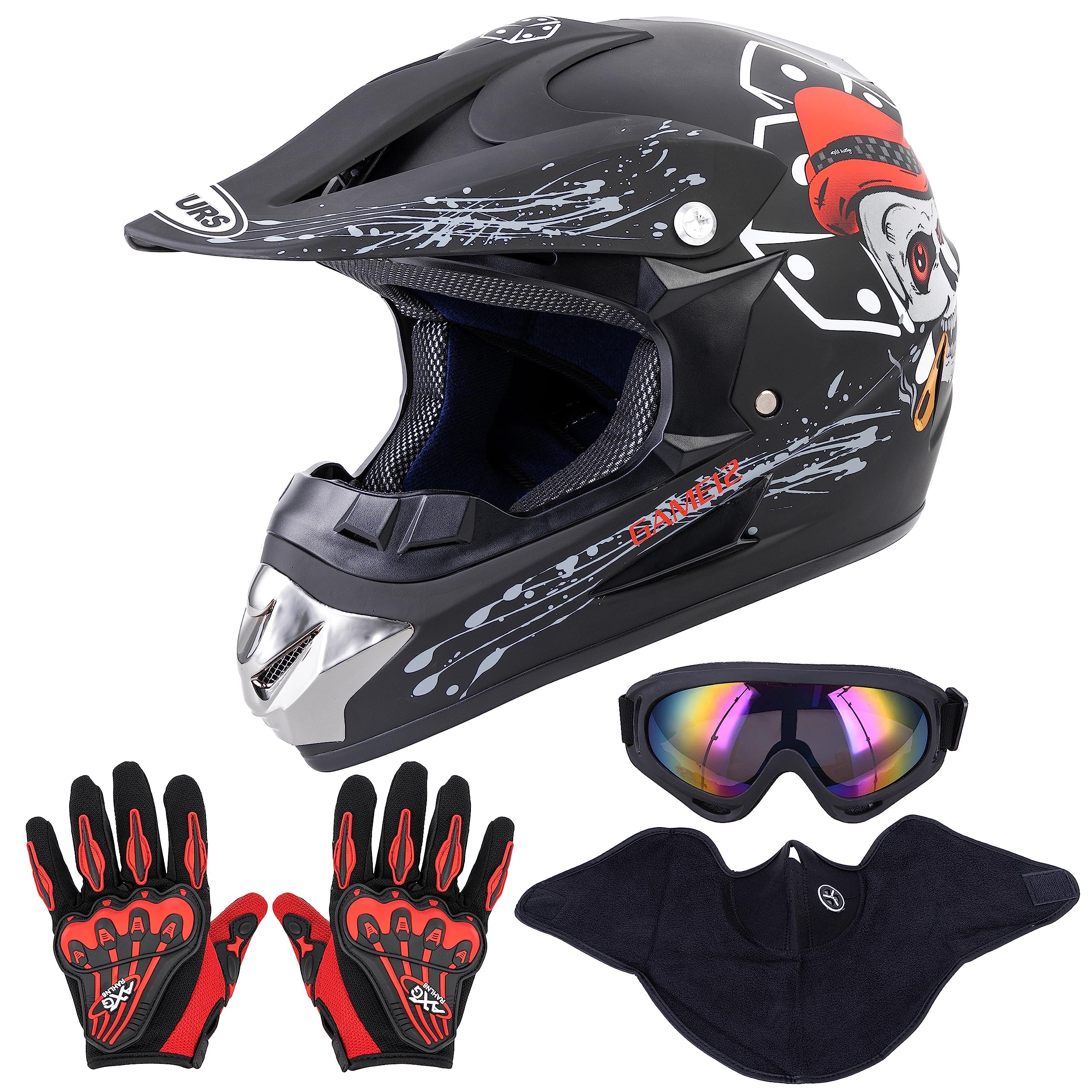 OUMURS Adult Motocross Dirt Bike Helmet with Goggles, Gloves & Mask Dirt Bike ATV Helmet for Unisex-Adult Men Women Adjustable Sun Visor DOT/FMVSS-218 Off-Road Motorcycle Helmet UTV Helmet Downhill