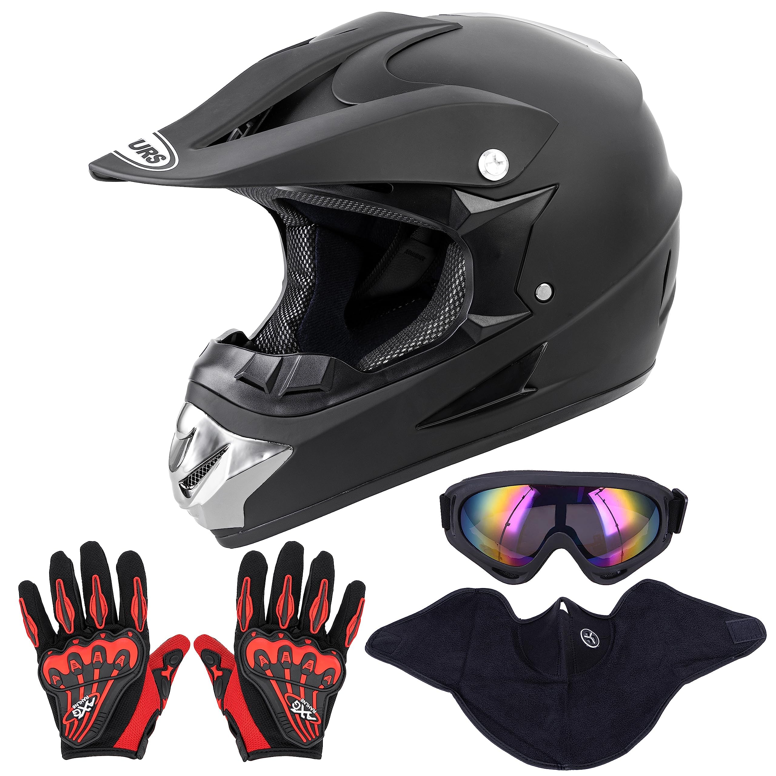 OUMURS Adult Motocross Dirt Bike Helmet with Goggles, Gloves & Mask Dirt Bike ATV Helmet for Unisex-Adult Men Women Adjustable Sun Visor DOT/FMVSS-218 Off-Road Motorcycle Helmet UTV Helmet Downhill
