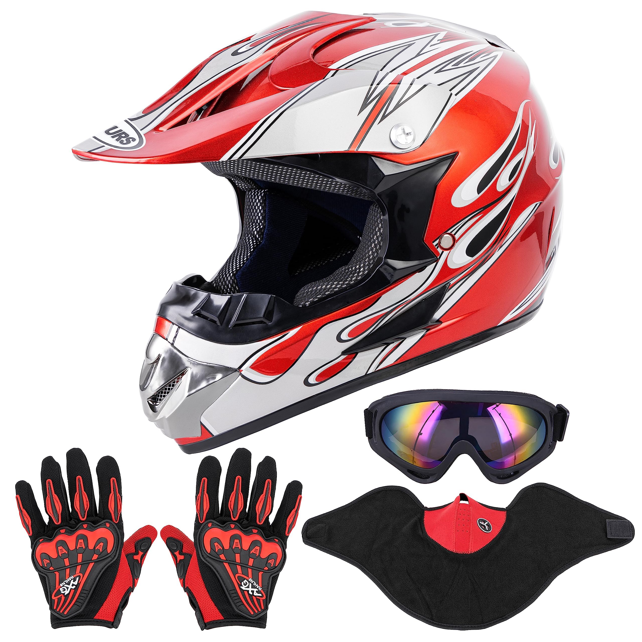 OUMURS Adult Motocross Dirt Bike Helmet with Goggles, Gloves & Mask Dirt Bike ATV Helmet for Unisex-Adult Men Women Adjustable Sun Visor DOT/FMVSS-218 Off-Road Motorcycle Helmet UTV Helmet Downhill