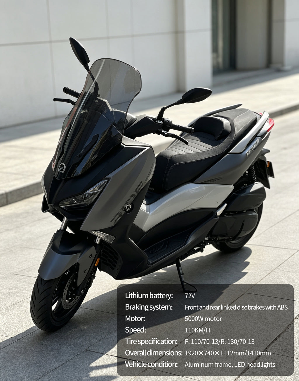 5000W High Speed Maxi Scooter Electric Motorcycle | 120KM/H Top Speed, Over 250KM Range, 72V60AH Lithium Battery, ABS Linked Disc Brakes Adult E-Scooter