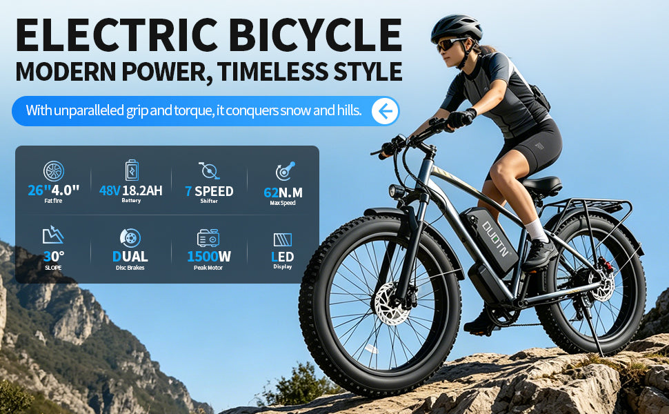 DUOTIN 1500W Fat Tire Electric Bike, 48V 18.2AH Detachable Battery 50KM/H 26"×4.0 All Terrain E-Bike, Aluminum Frame Hydraulic Disc Brake Electric Mountain Bicycle